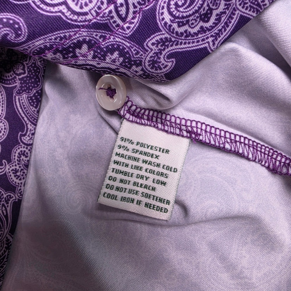 Donald Ross Polo Shirt Mens L Purple Paisley Short Sleeve Performance w/Logos - Picture 6 of 9
